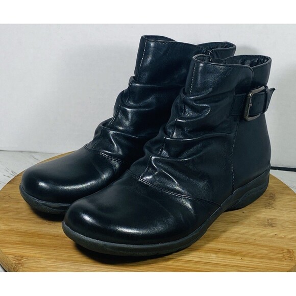Clarks Shoes - Clarks Black Leather Ruched Ankle Boots Women's 10M Buckle Side Zip